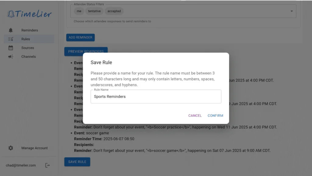 Save Rule confirmation dialog with Rule Name input