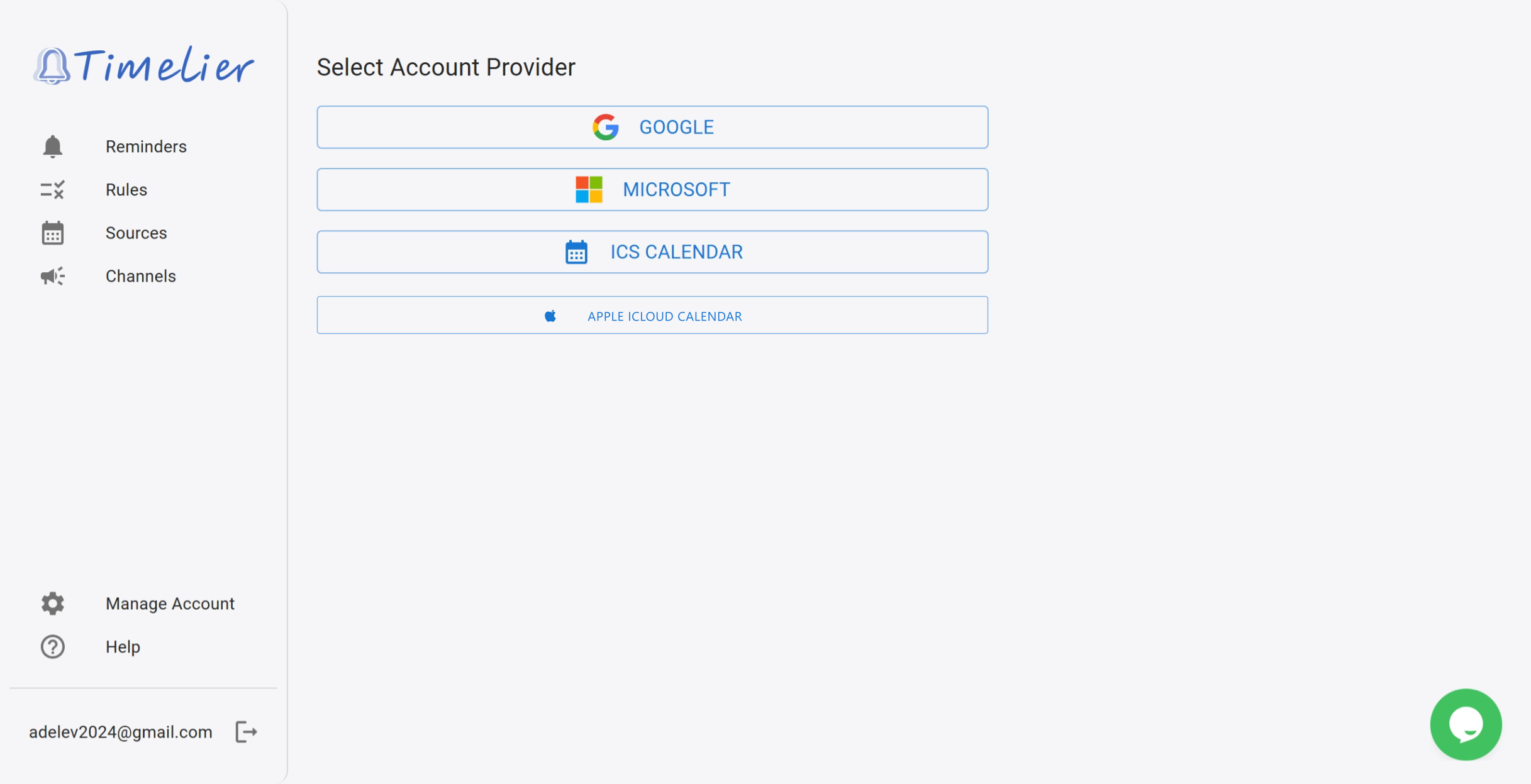 Timelier Select Account Provider dialog showing Google and Microsoft options