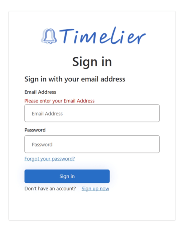 Timelier sign in or sign up page