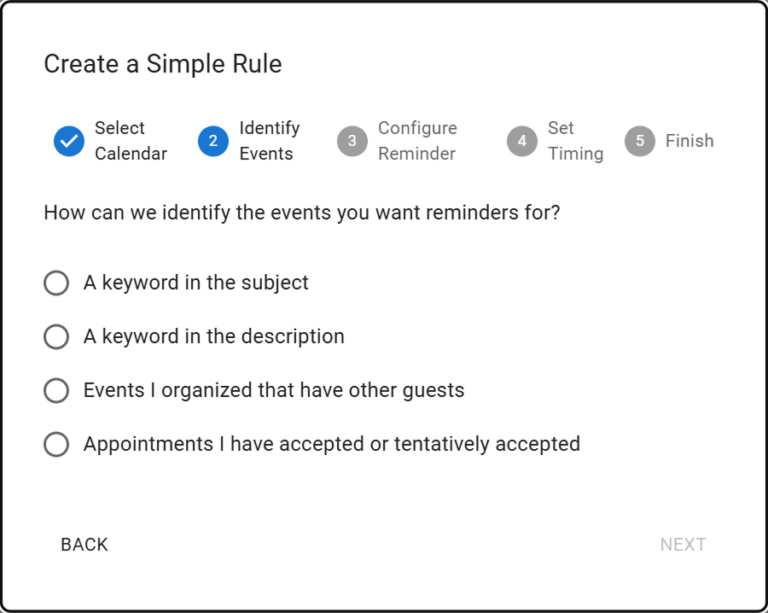 Simple Rule Wizard Step 2: Identify Events options