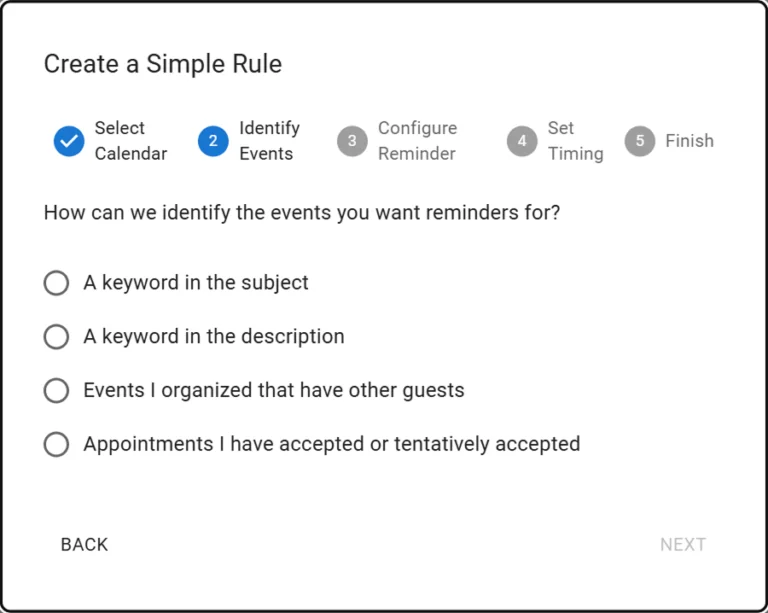 Simple Rule Wizard Step 2: Identify Events options