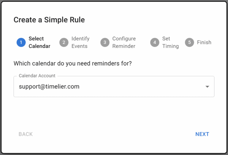 Simple Rule Wizard Step 1: Select Calendar