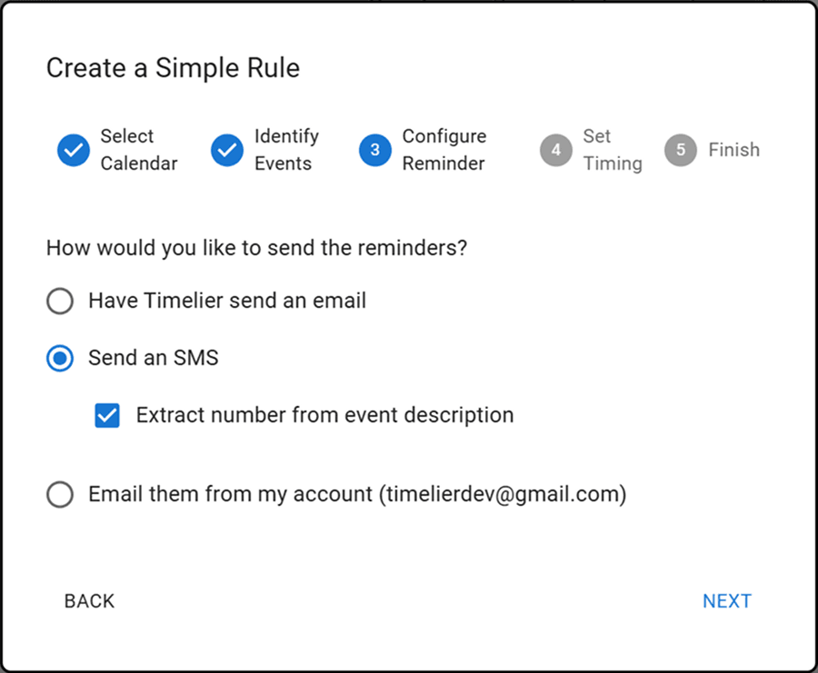 Simple Rule Wizard Step 3: SMS reminder settings