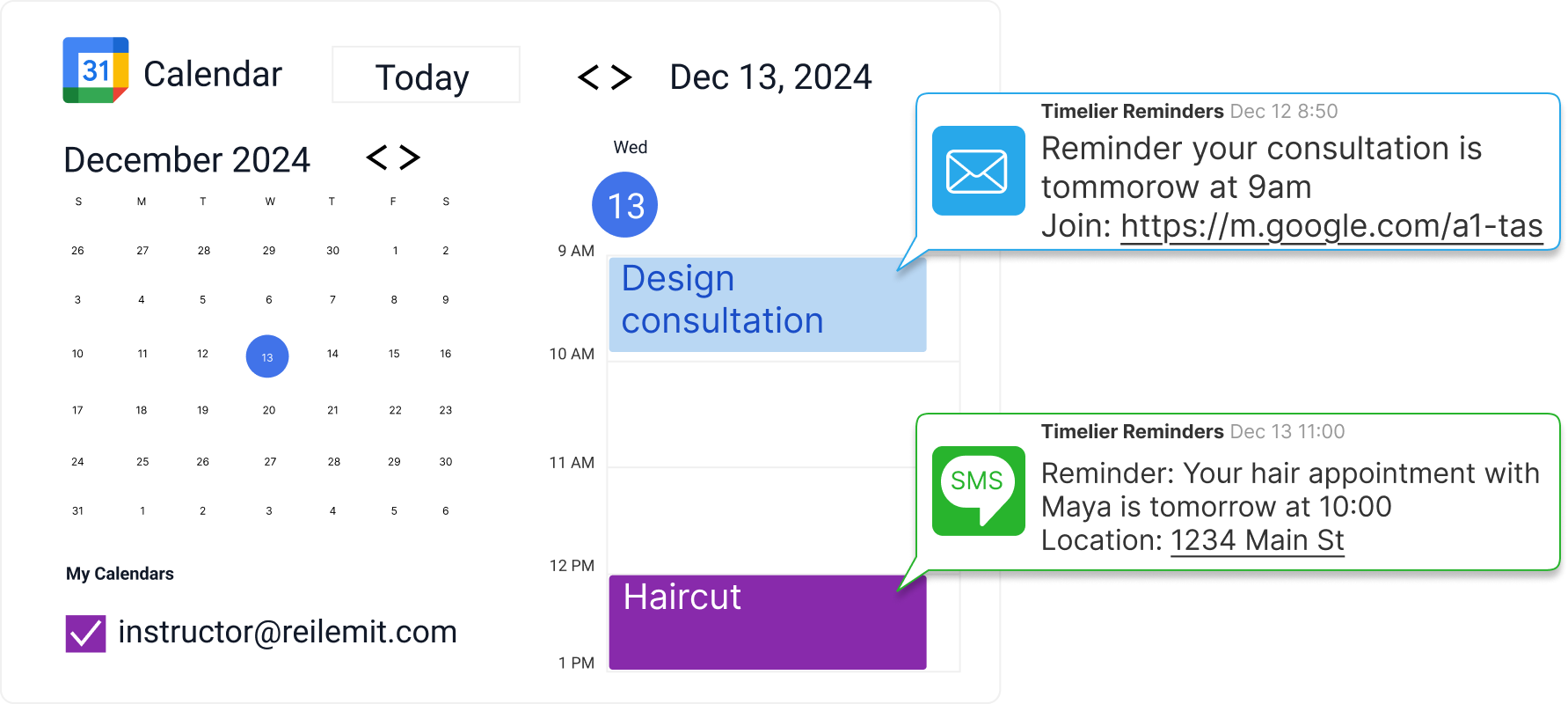 Google calendar showing email and SMS reminders for consultations and haircuts