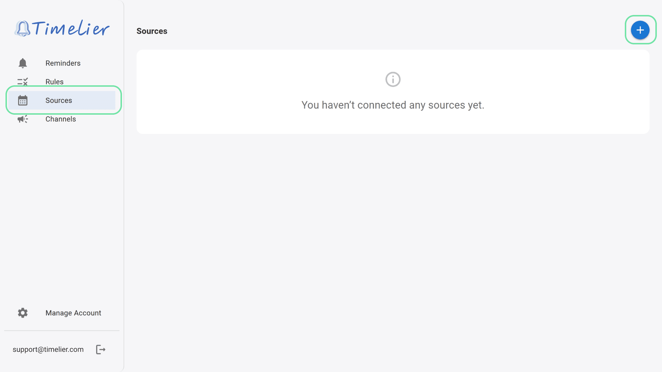 Timelier Sources page with Add Source button