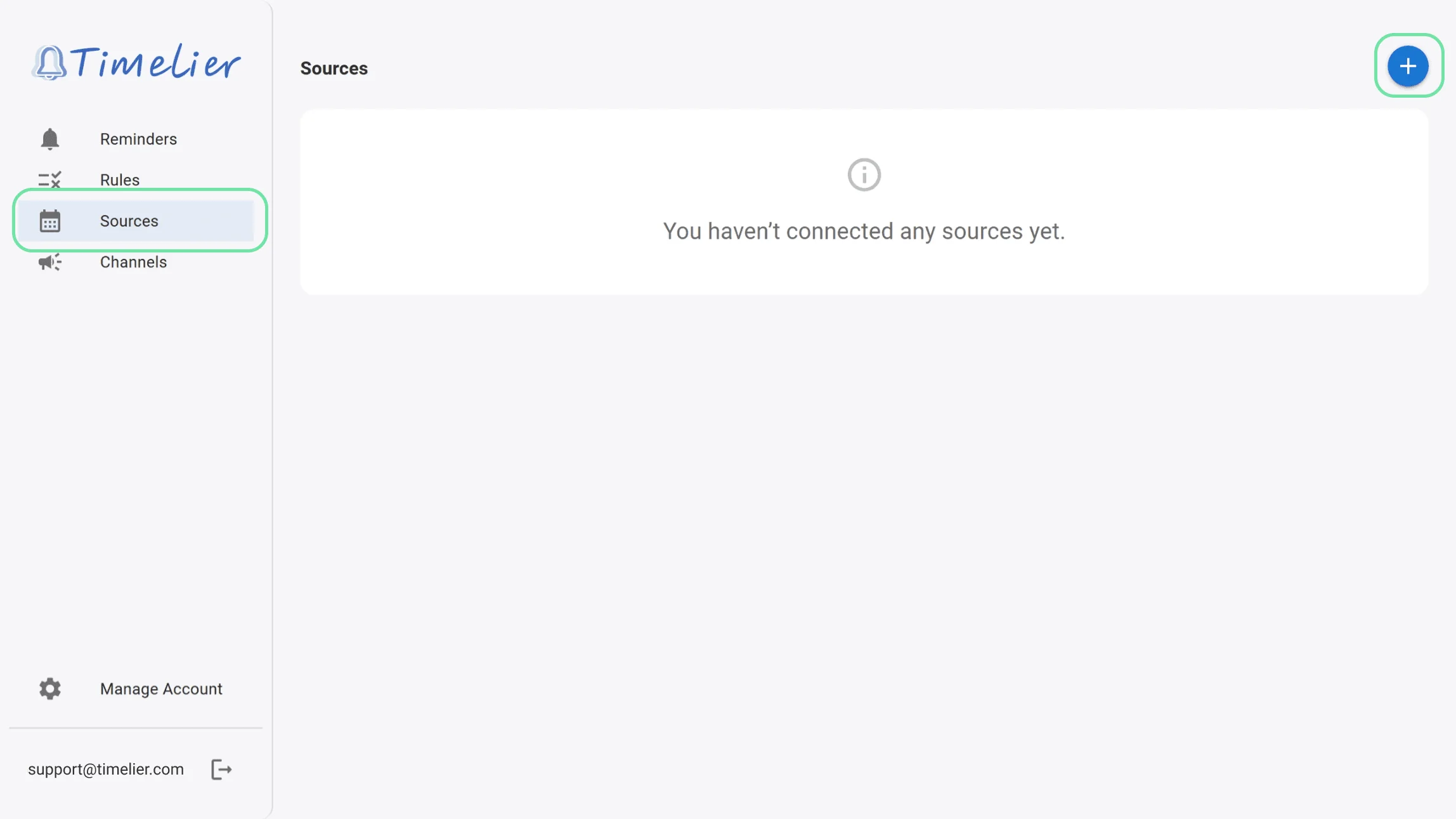 Timelier Sources page with Add Source button