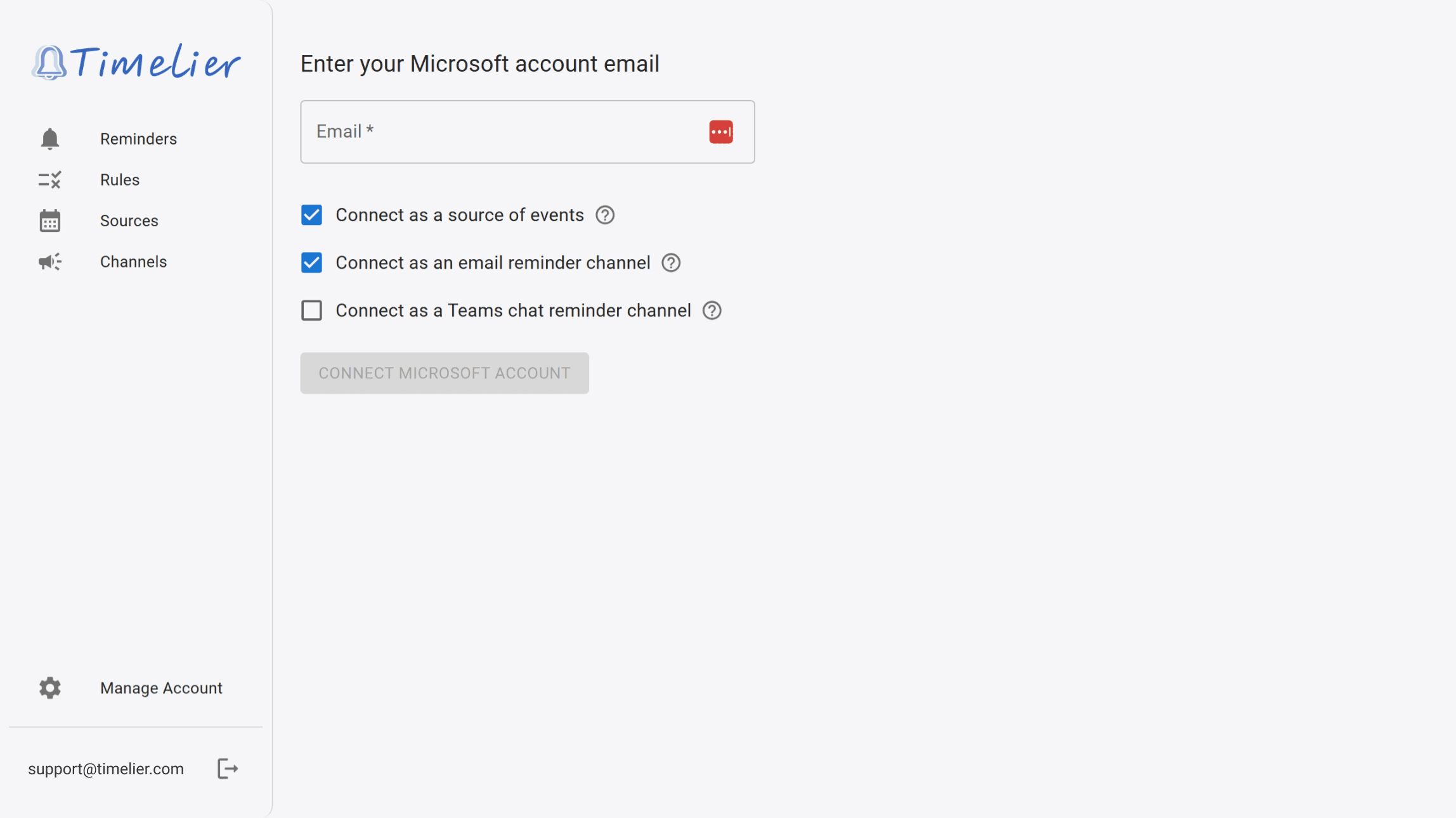 Connect Microsoft or Google Account dialog with permissions