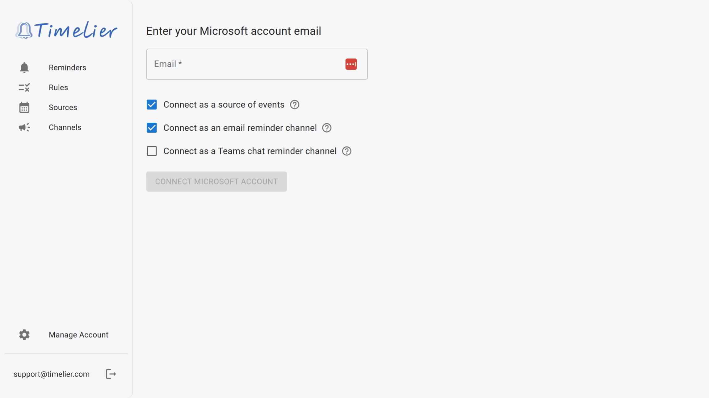 Connect Microsoft or Google Account dialog with permissions