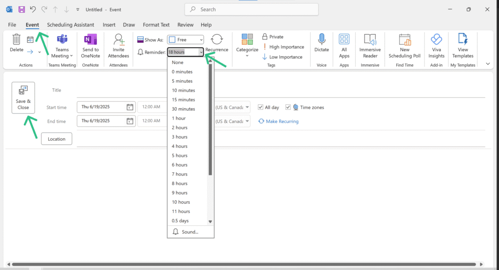 change reminder on specific event in classic outlook