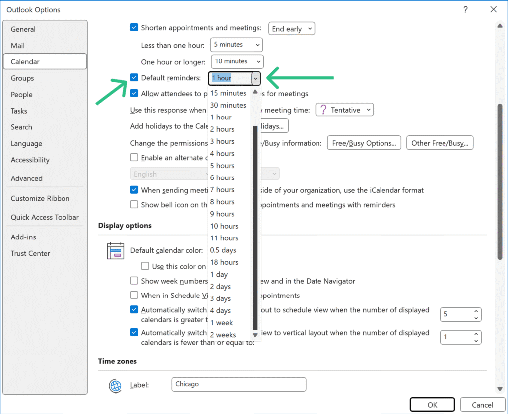 default reminder settings in Classic Outlook