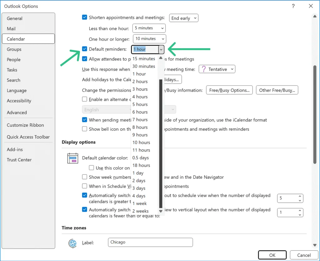 default reminder settings in Classic Outlook