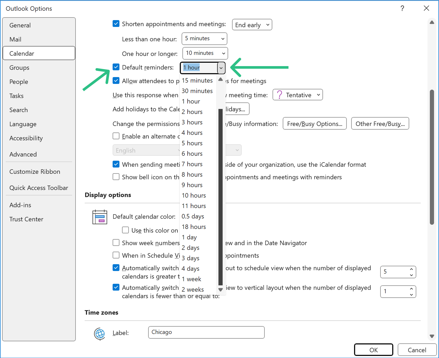 default reminder settings in Classic Outlook