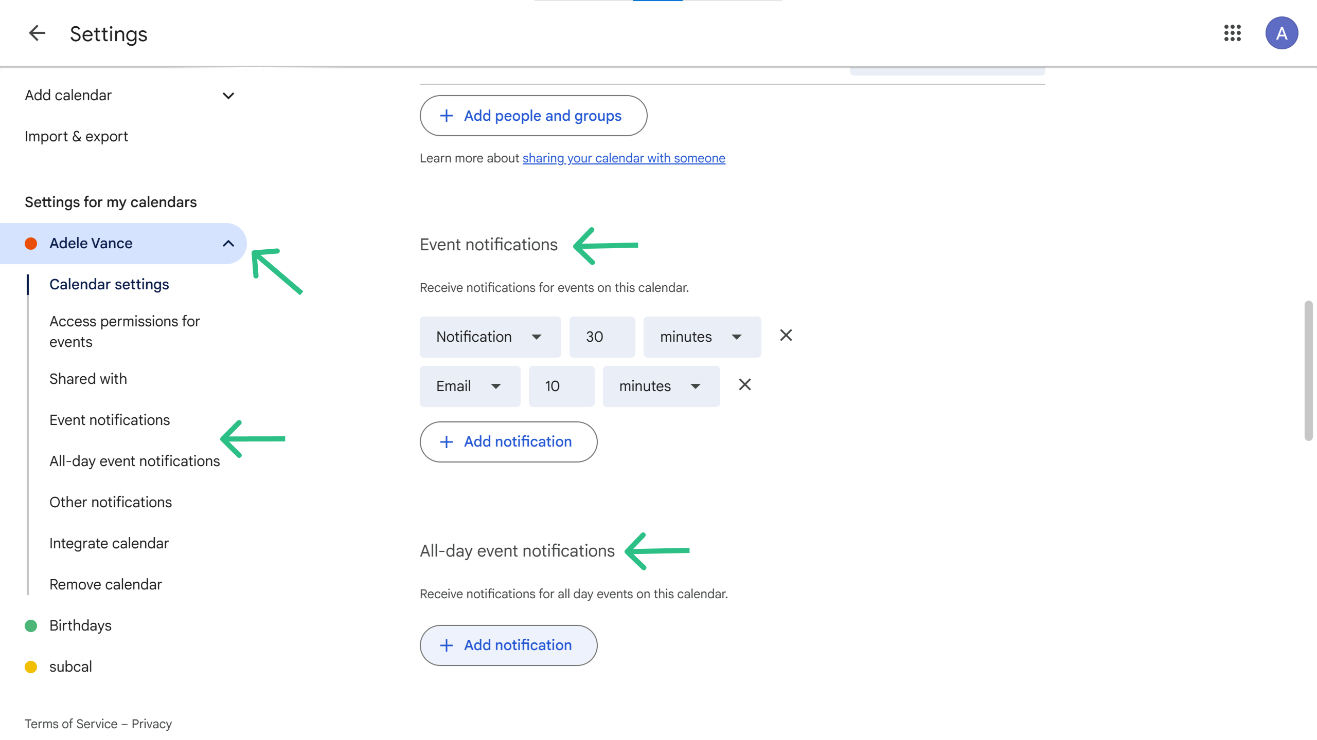 Google Calendar Notification Settings (Desiktop)