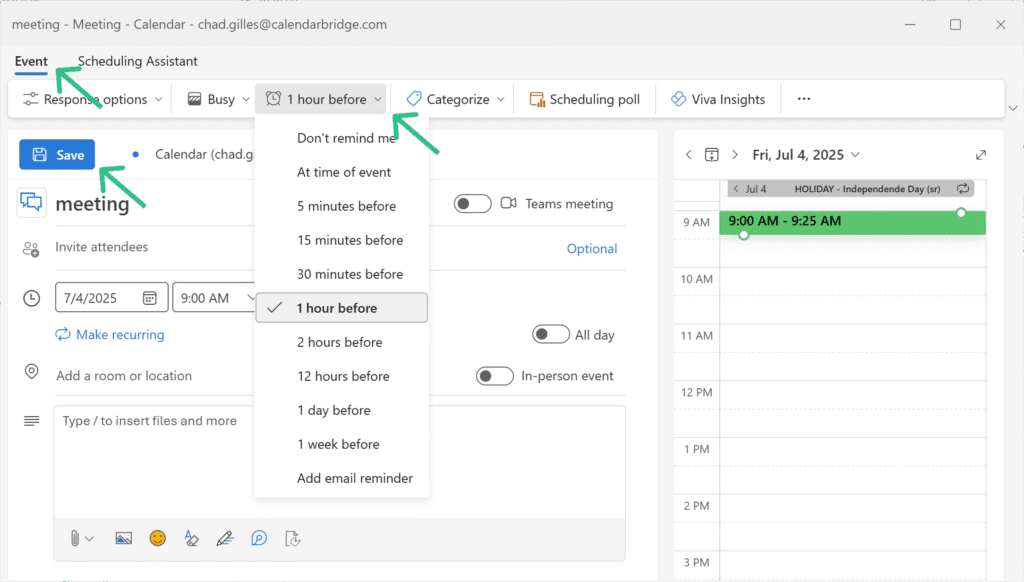 set reminder on event in new outlook and outlook on the web