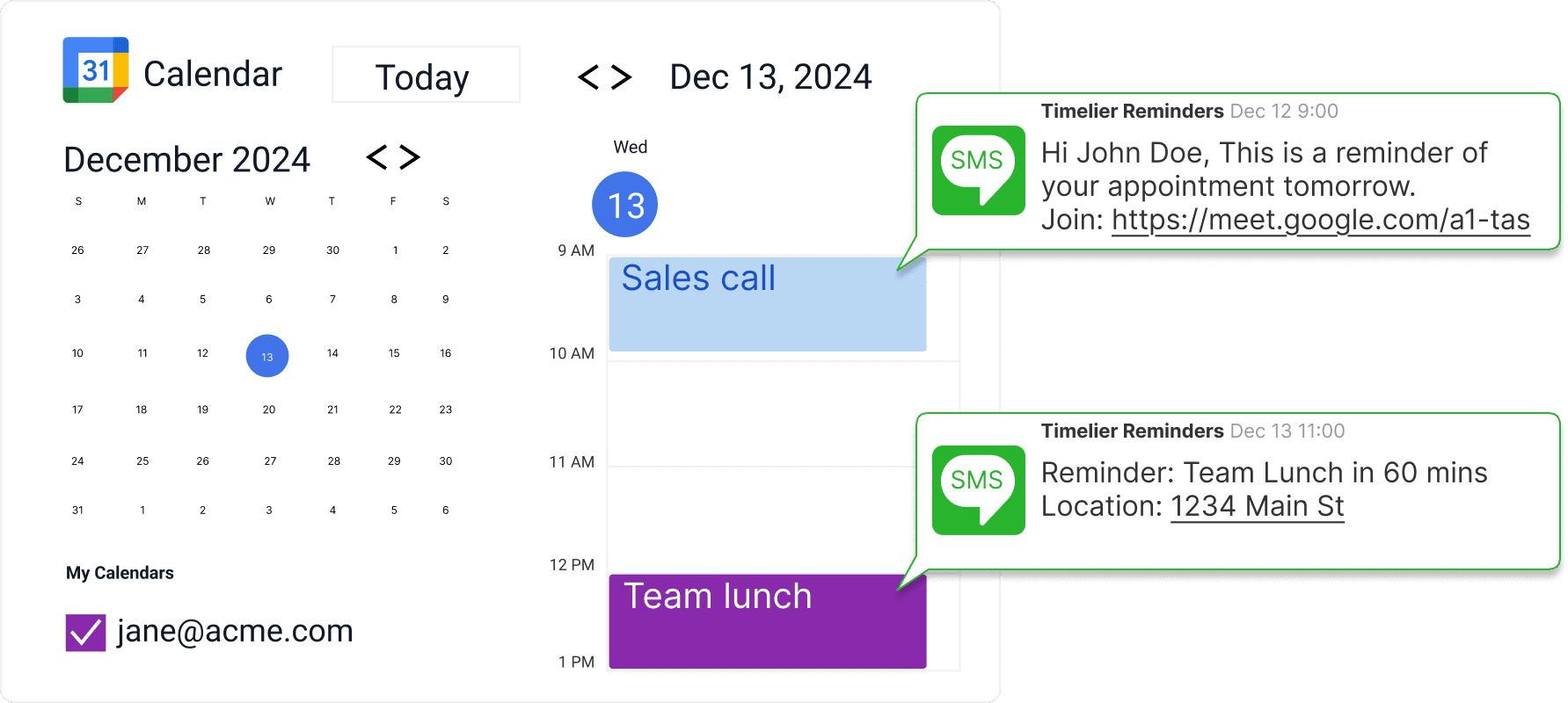 Google calendar with chat bubbles representing SMS messages sent for the appointments