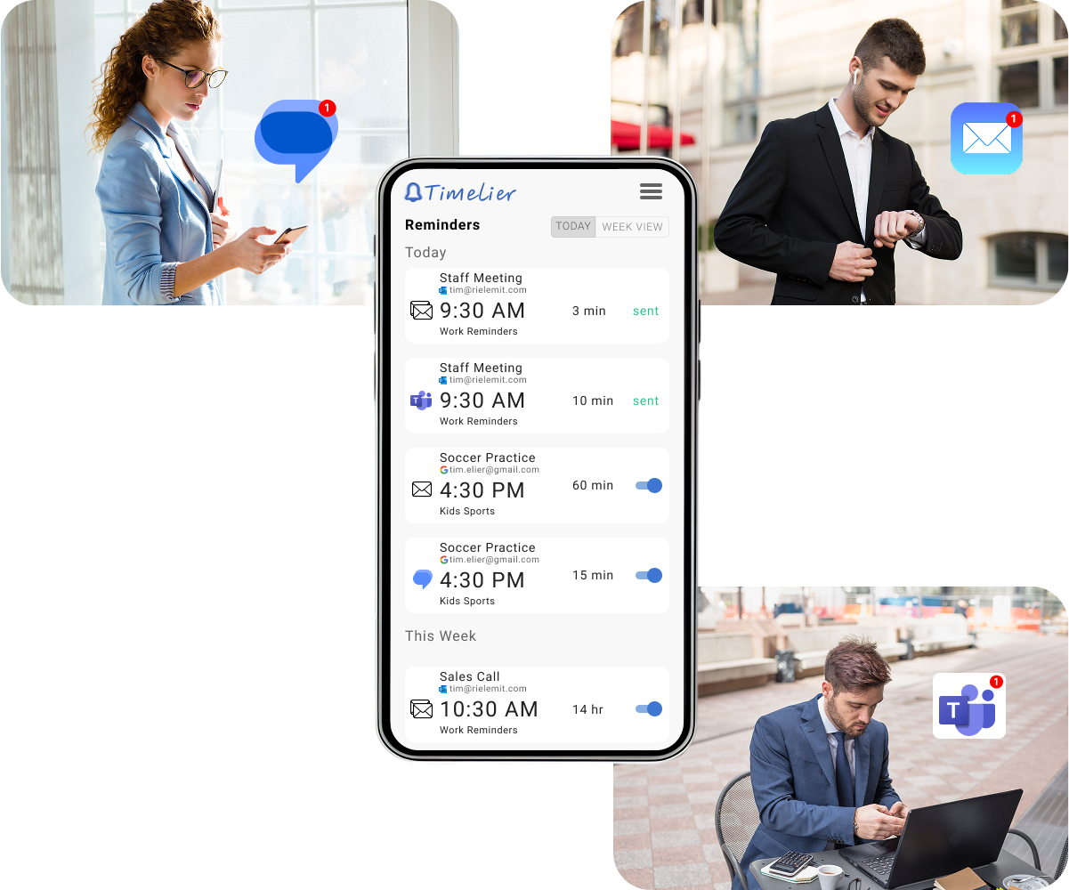 Timelier screenshot and people receiving reminders on phones and laptops