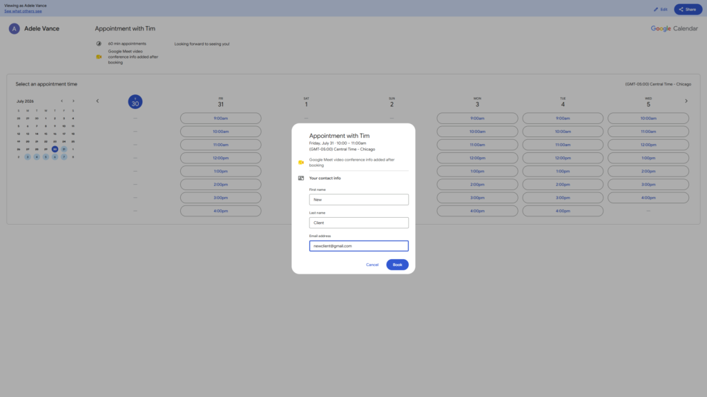 Booking an appointment via the booking page